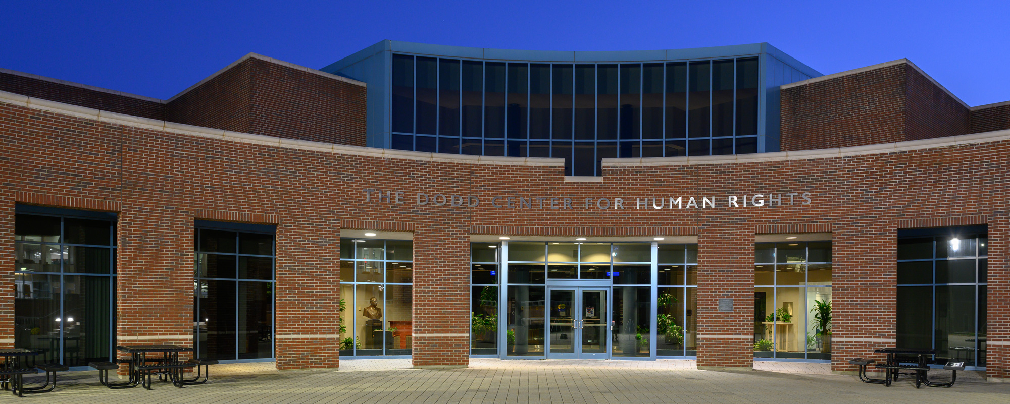 The Dodd Center for Human Rights building at dusk
